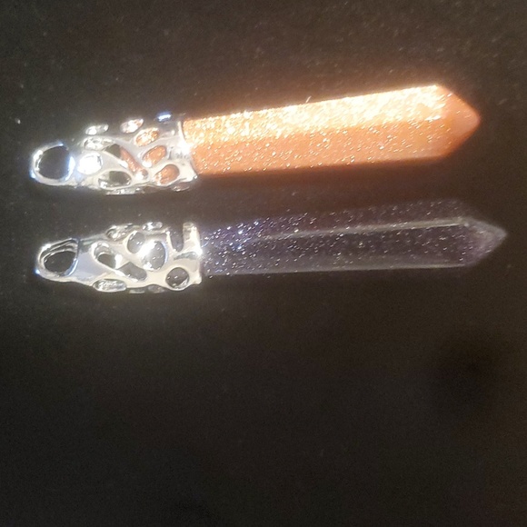 New 2pc Blue and Gold Sunstone Sandstone Long Point Pendants. - Picture 2 of 9